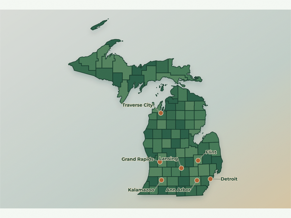 Accurate Michigan land service area map showing Detroit, Grand Rapids, Lansing, Ann Arbor, Flint, Kalamazoo, and Traverse City